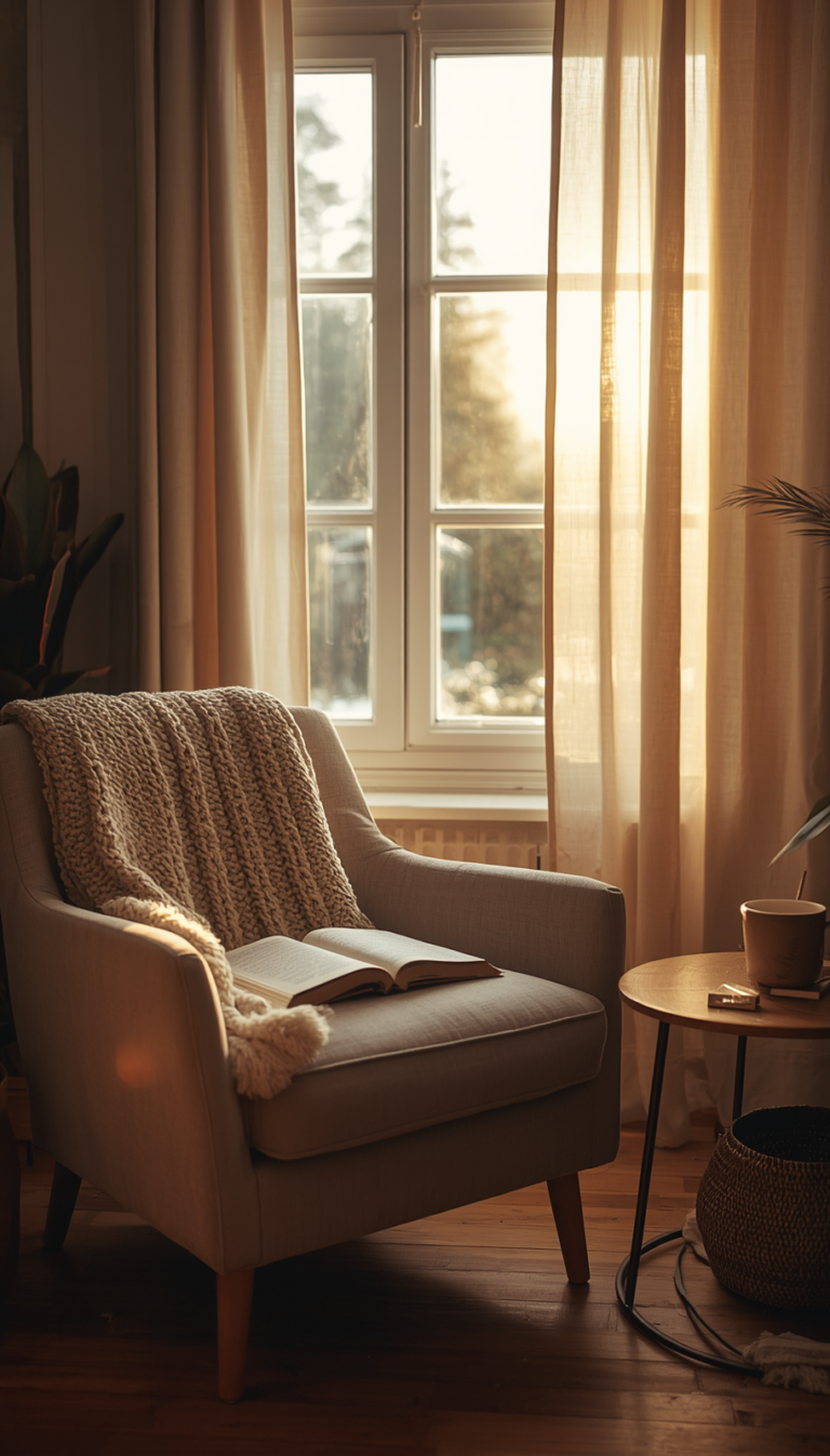 cozy reading nook with armchair, books, and warm light
