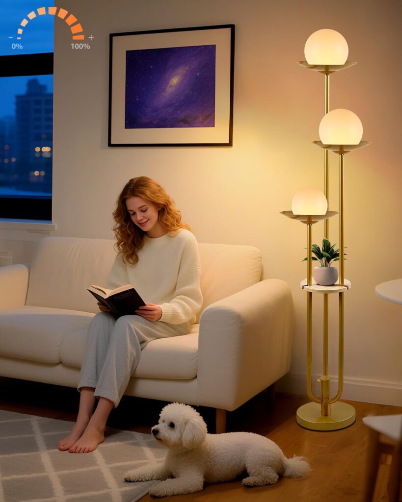 3-Light Globe Floor Lamp with Shelf, Modern Dimmable Floor Lamps