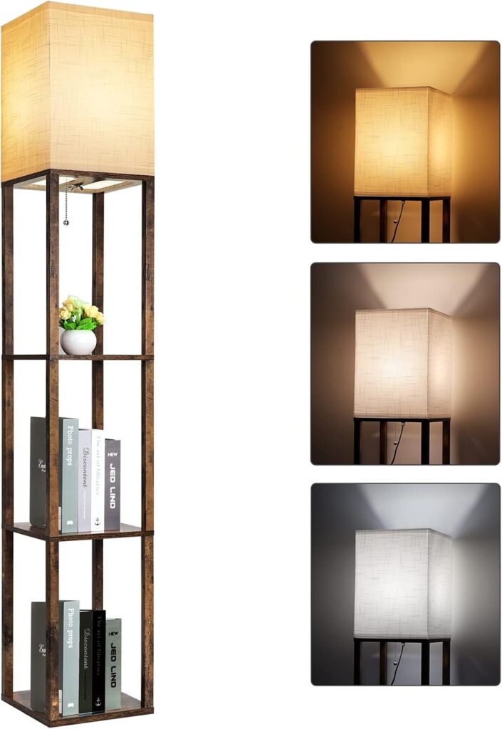 Floor lamp with shelves, modern display and storage shelf lamp, 3 color temperatures