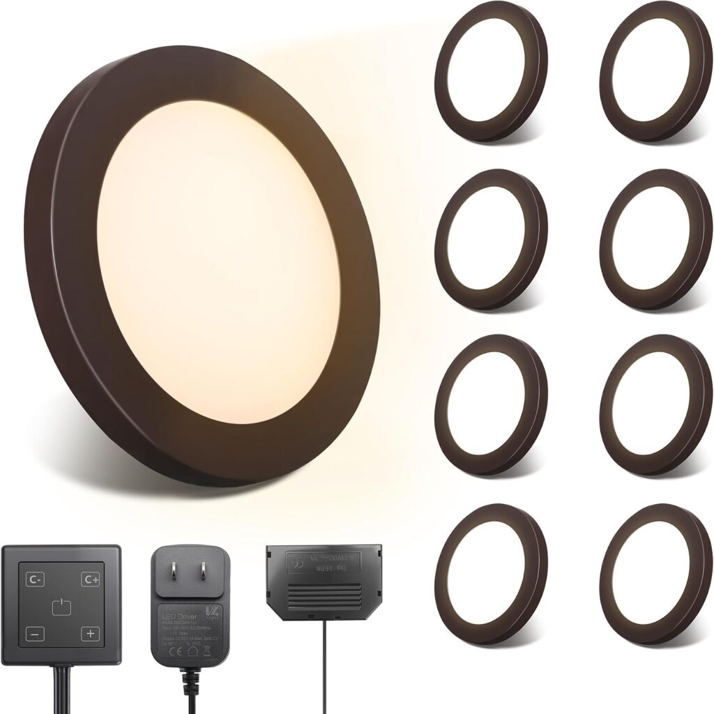LED disc lights (8-pack), 6mm ultra-slim plug-in under-cabinet lights with touch dimmer