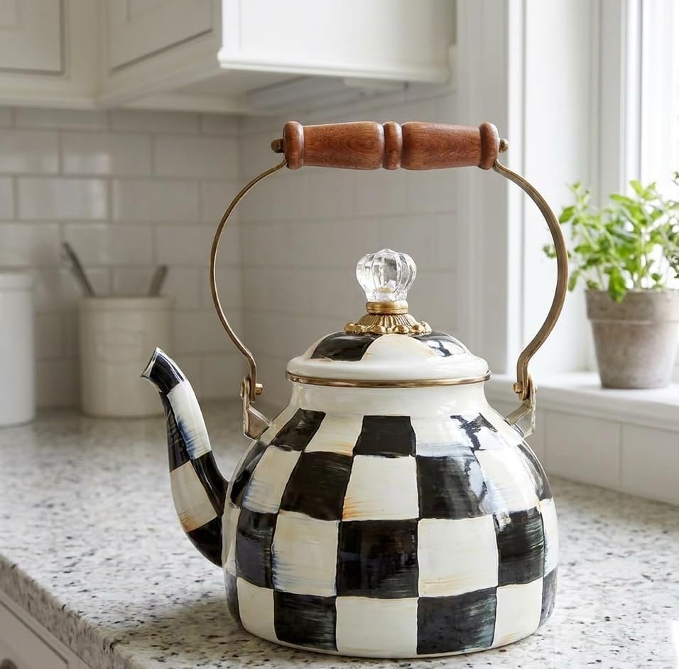 Checkered teapot for checkered kitchen decor, black and white stovetop tea kettle, elegant enamel teapot with wooden handle