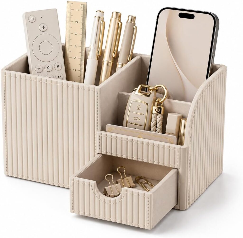 Luxury Faux Leather Desk Organizer with Drawer – Modern, Aesthetic Office Desk Accessories for Men and Women