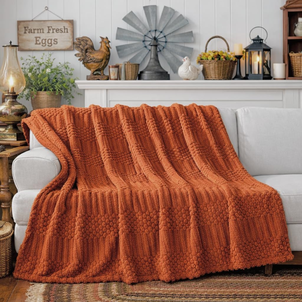 Rust-colored throw blanket, soft and fluffy fleece, stylish and aesthetic; perfect for sofa, chair, bed, living room, and bedroom.