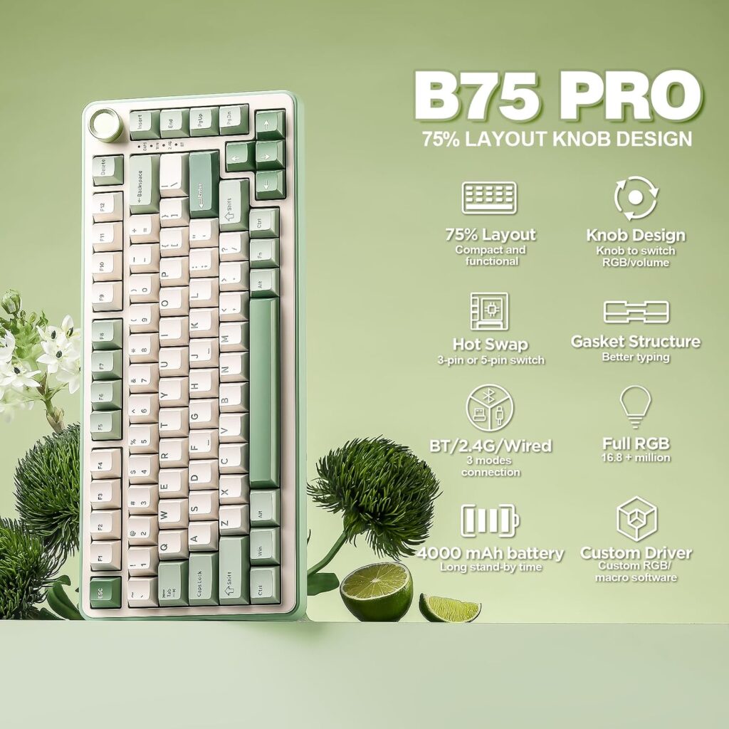 Wireless mechanical keyboard, 75% layout with knob, hot-swappable gasket structure, creamy pre-lubricated switches.