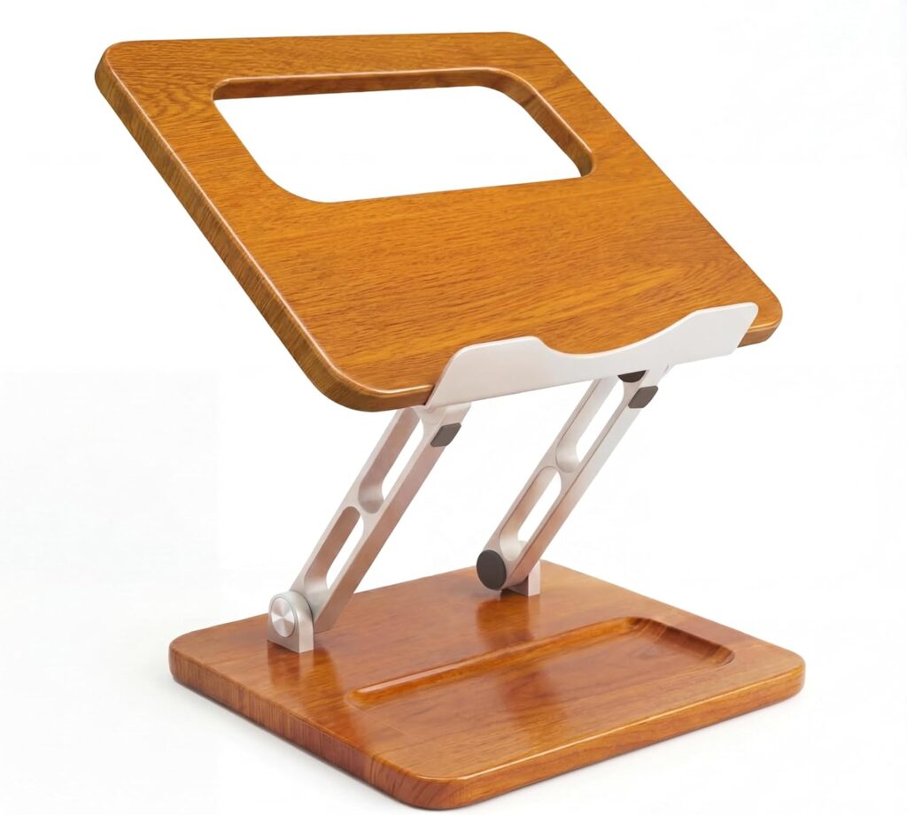 Wooden laptop stand with pen slot, adjustable height and ergonomic angle.
