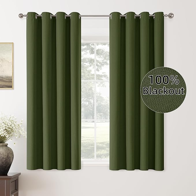 Olive Green 100% Blackout Solid Curtains, 63 Inches Long, 2 Panels for Bedroom and Living Room