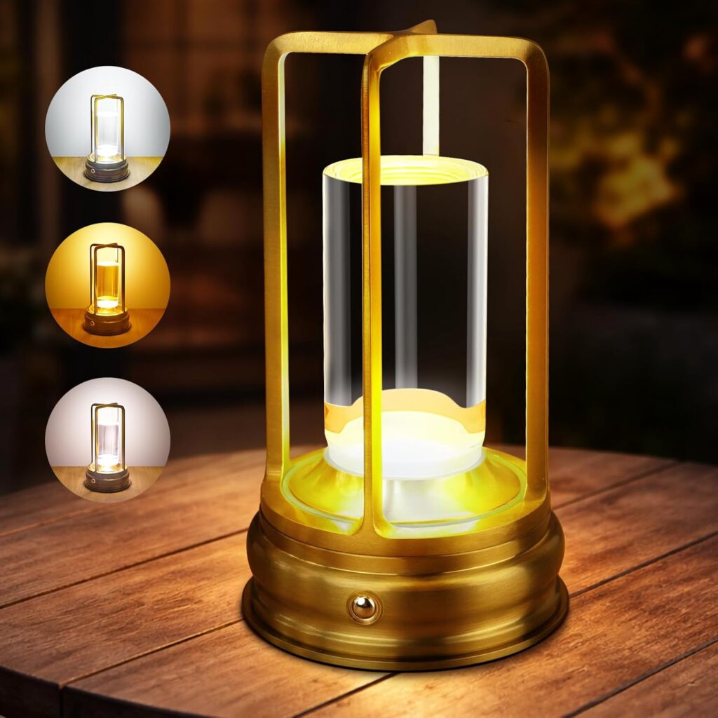 Portable indoor/outdoor lamp gold for bedroom, restaurant, bar, patio, or camping.