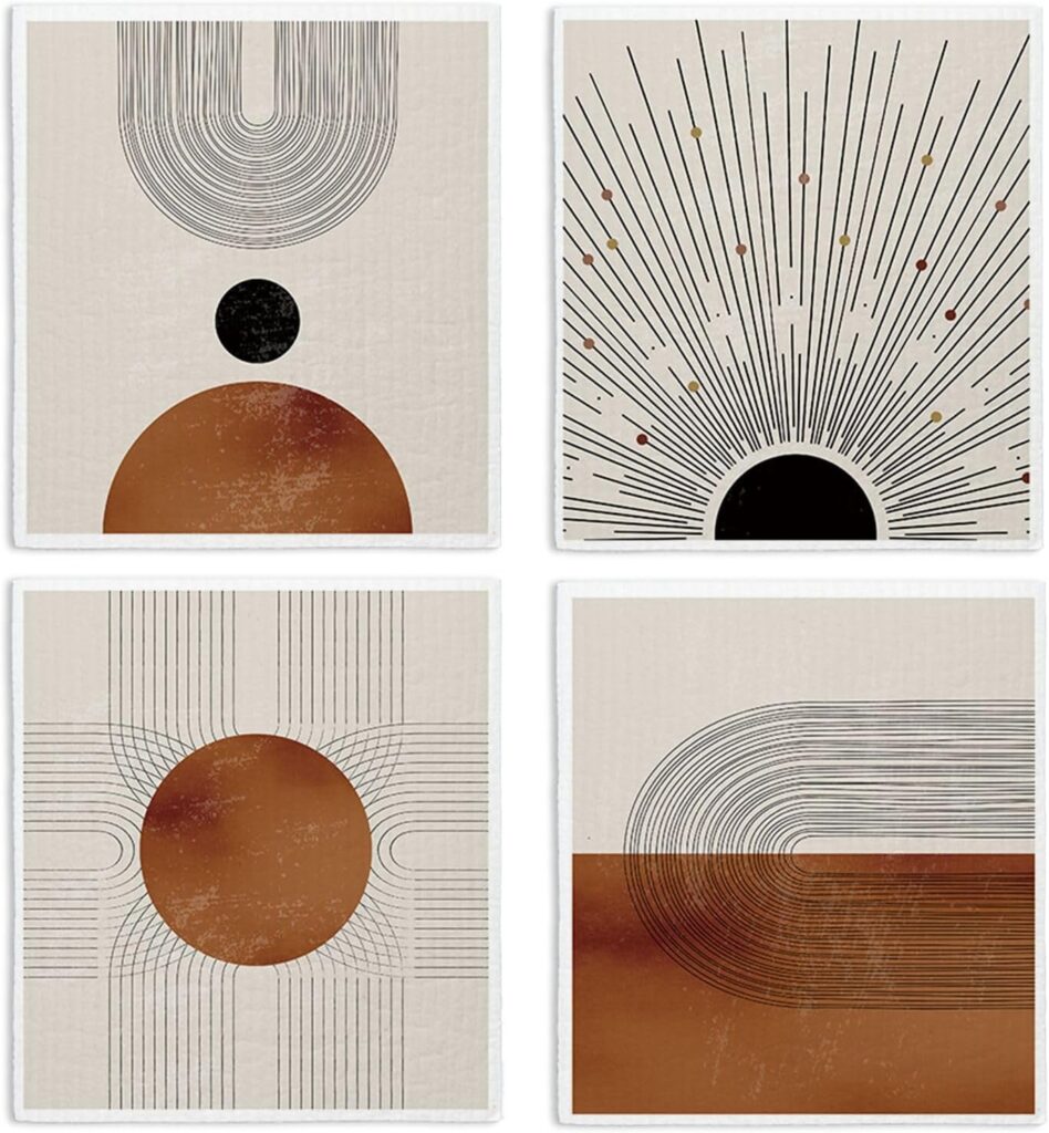Set of 4 Bohemian Swedish Dishcloths – Abstract Art Aesthetic Kitchen Cloths