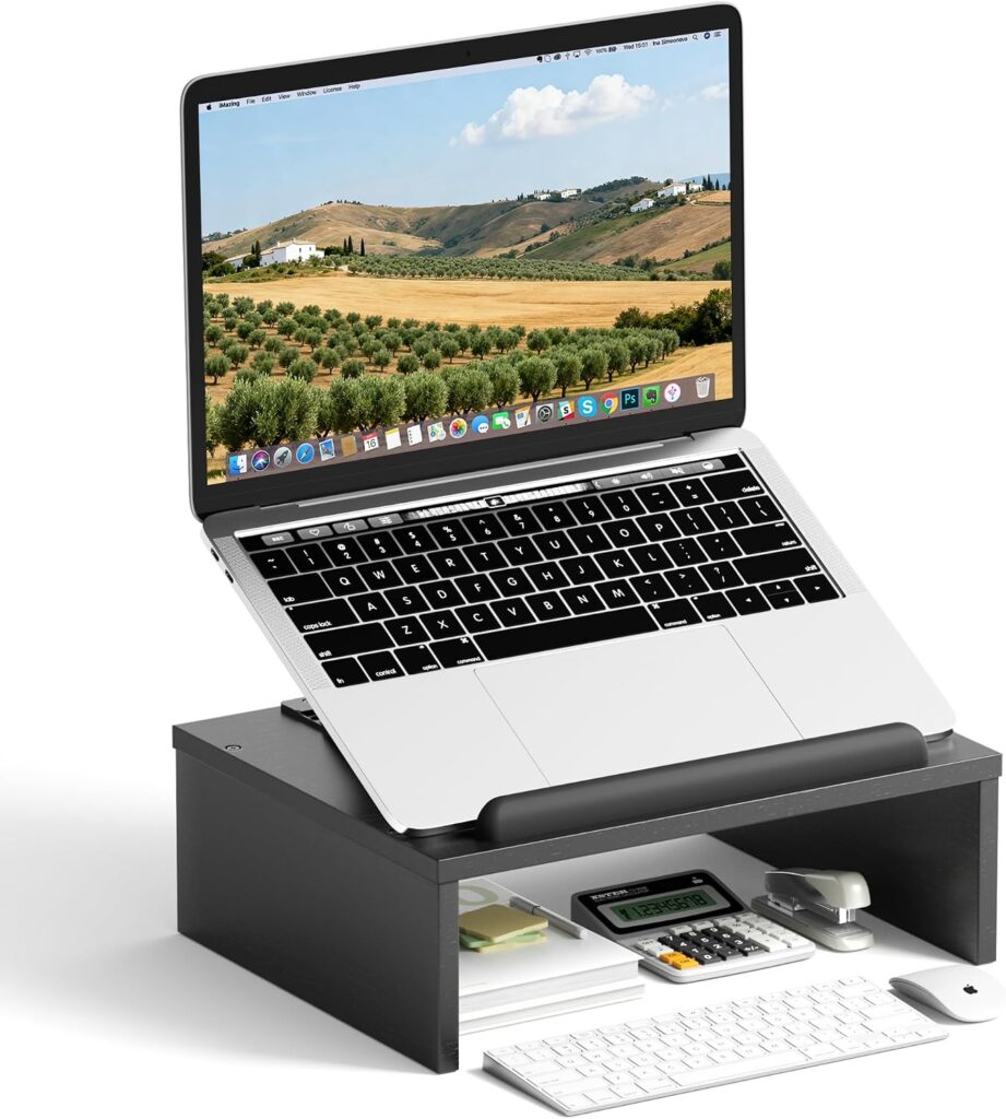 Adjustable wooden laptop stand with storage space, notebook organizer