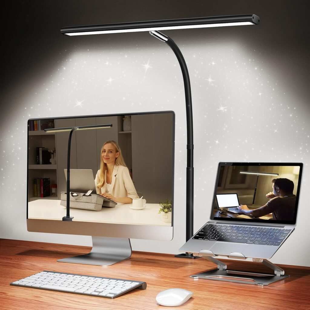 Desk lamp with adjustable continuous dimming and flexible gooseneck.