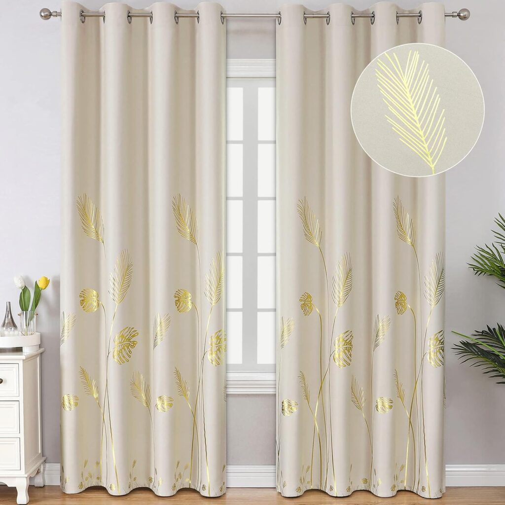 Gold Leaf Thermal-Insulated Grommet Room-Darkening Window Curtains, 84 Inches Long