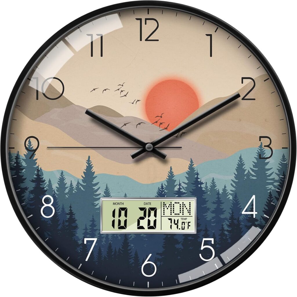 Silent non-ticking wall clock with day, week, temperature, nature with sunset, battery operated, modern grand digital clock