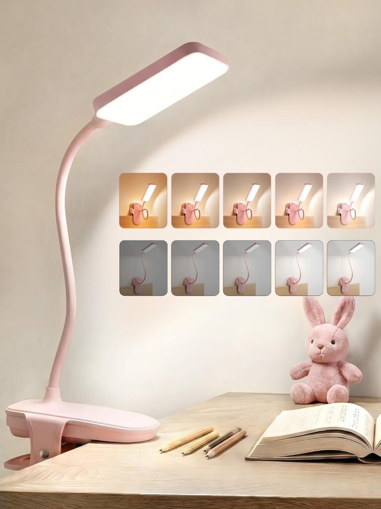 Cute pink clip-on desk reading lamp with battery and 45 dimmable light modes.