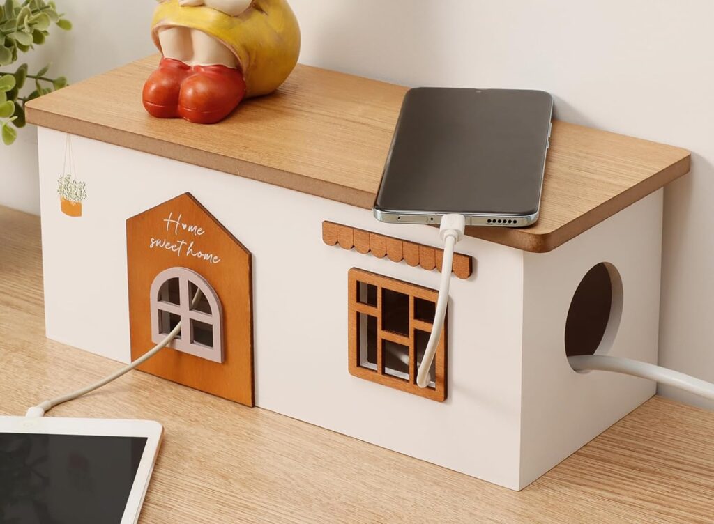 Cable Management Box, Wooden Extension Cord Organizer