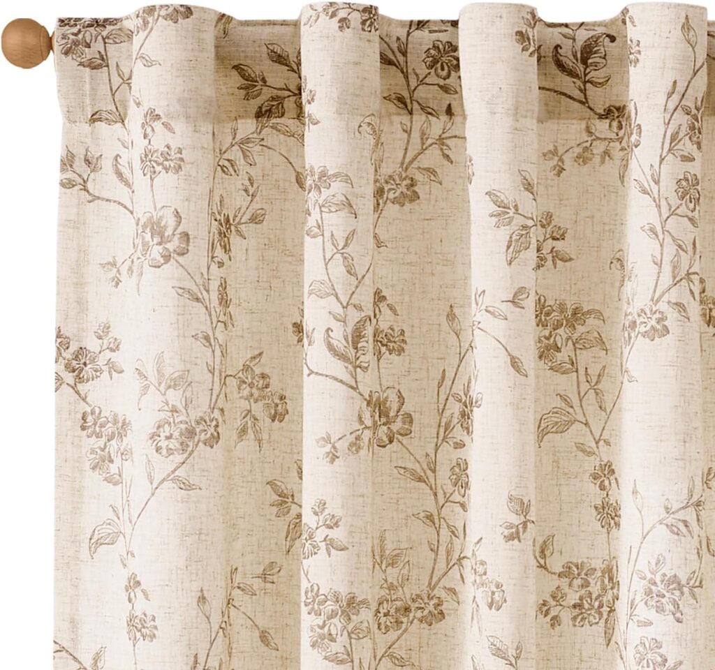 84-Inch Taupe Floral Linen Curtains, Farmhouse Back-Tab Drapes for Living Room
