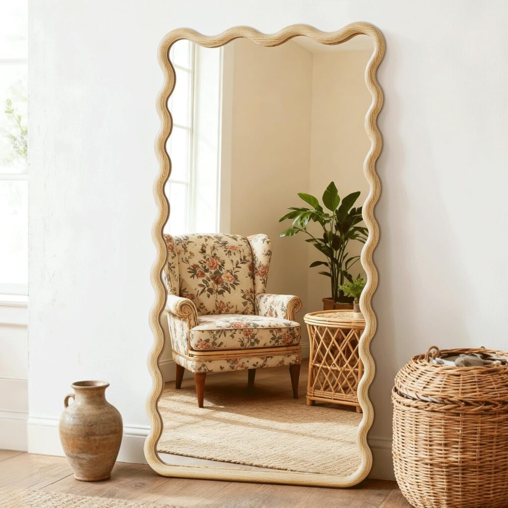 Bohemian-style wavy wooden floor mirror