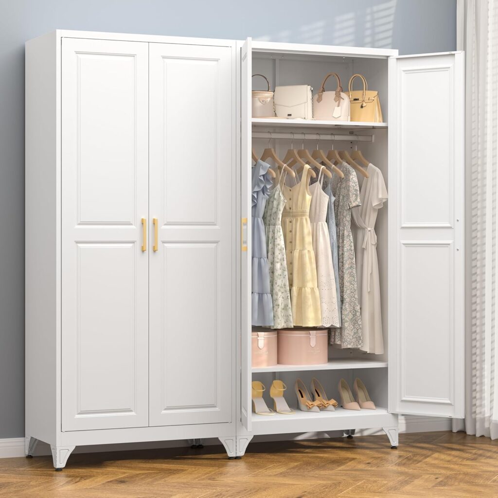 Metal cabinet with doors and shelves, 71-inch tall freestanding wardrobe for hanging clothes.