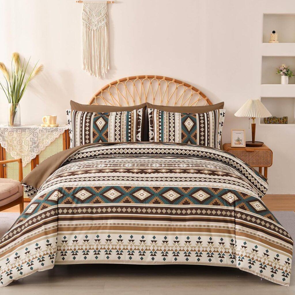 Queen-size Aztec brown bedding sets with bohemian geometric sheets