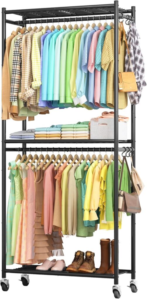 33.0 x 12.2 x 79.5 inch Clothes Rack with Shelves and Wheels, Multifunctional Wardrobe with Hooks, Heavy Duty Metal Clothes Rack