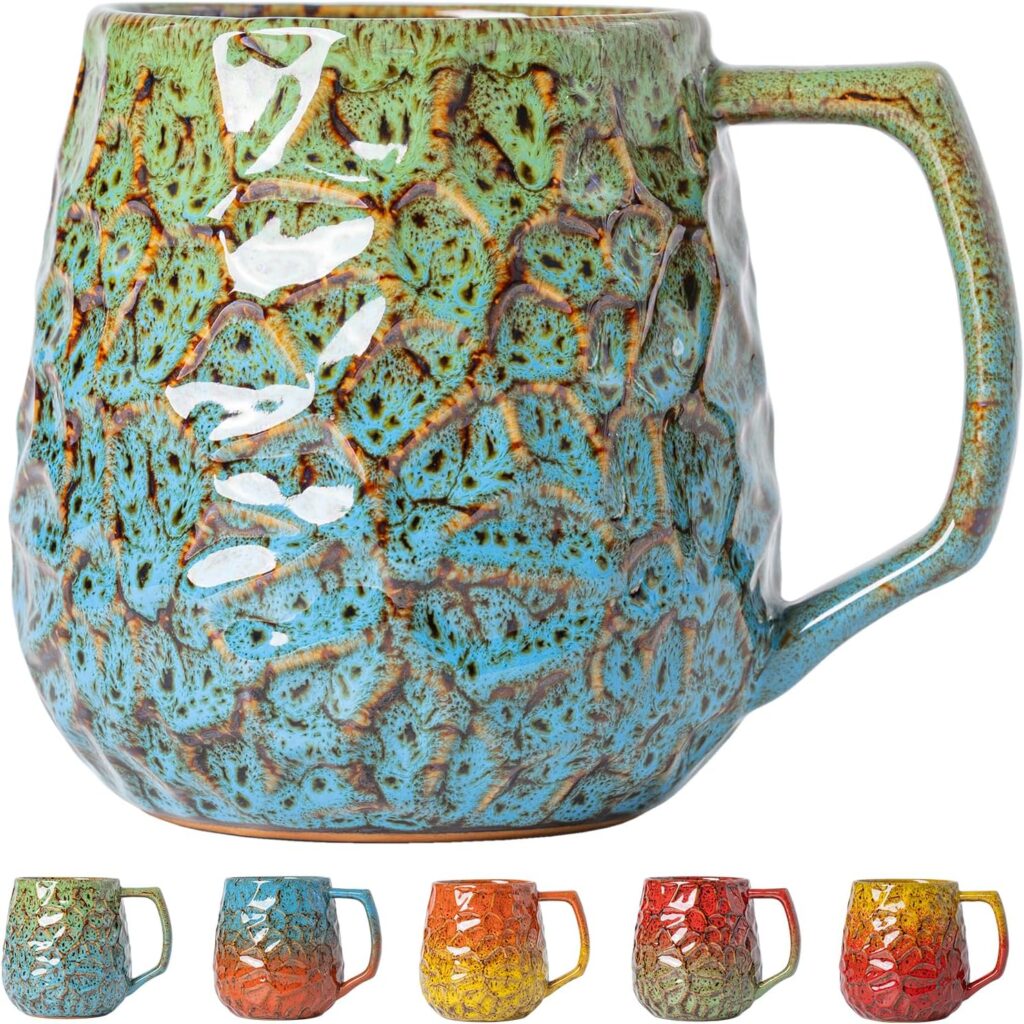Unique 18 oz handmade ceramic coffee mug with a hammered texture