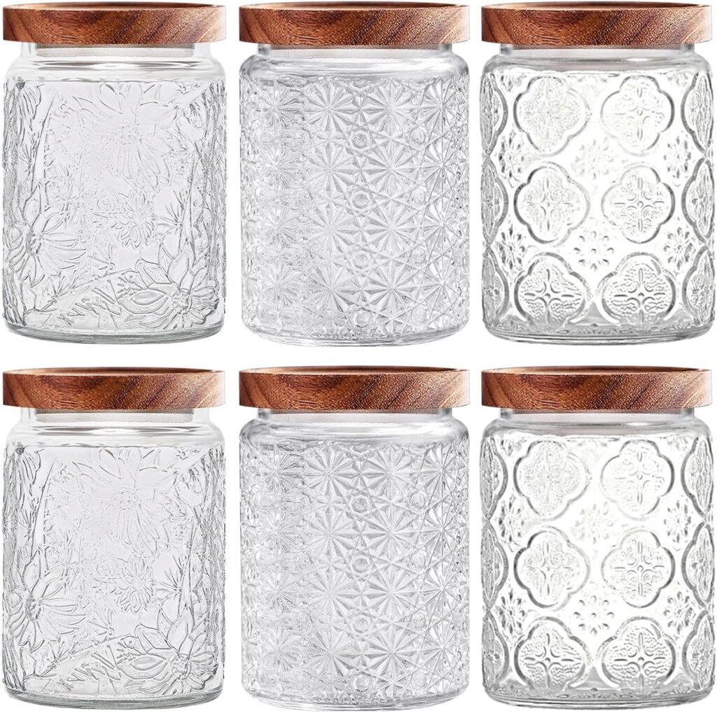 Vintage glass jars with wooden lids, set of 6 airtight glass food storage containers.