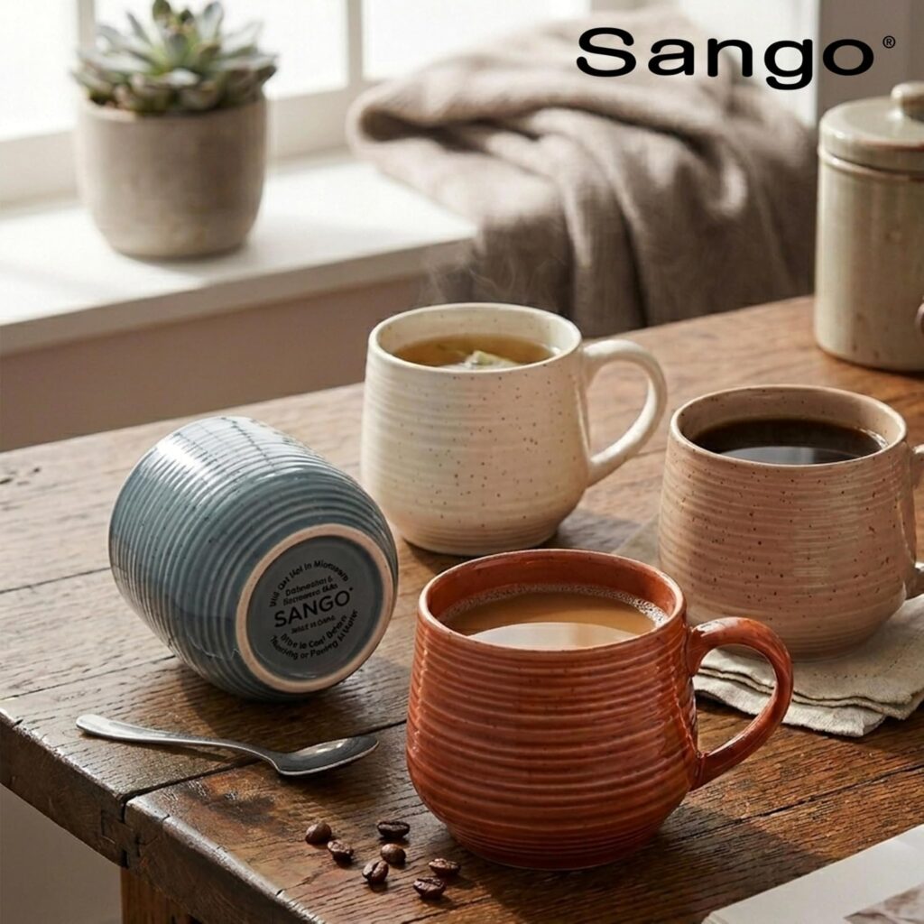 Set of 4 rustic ceramic coffee mugs (17.5 oz) with speckled reactive glaze
