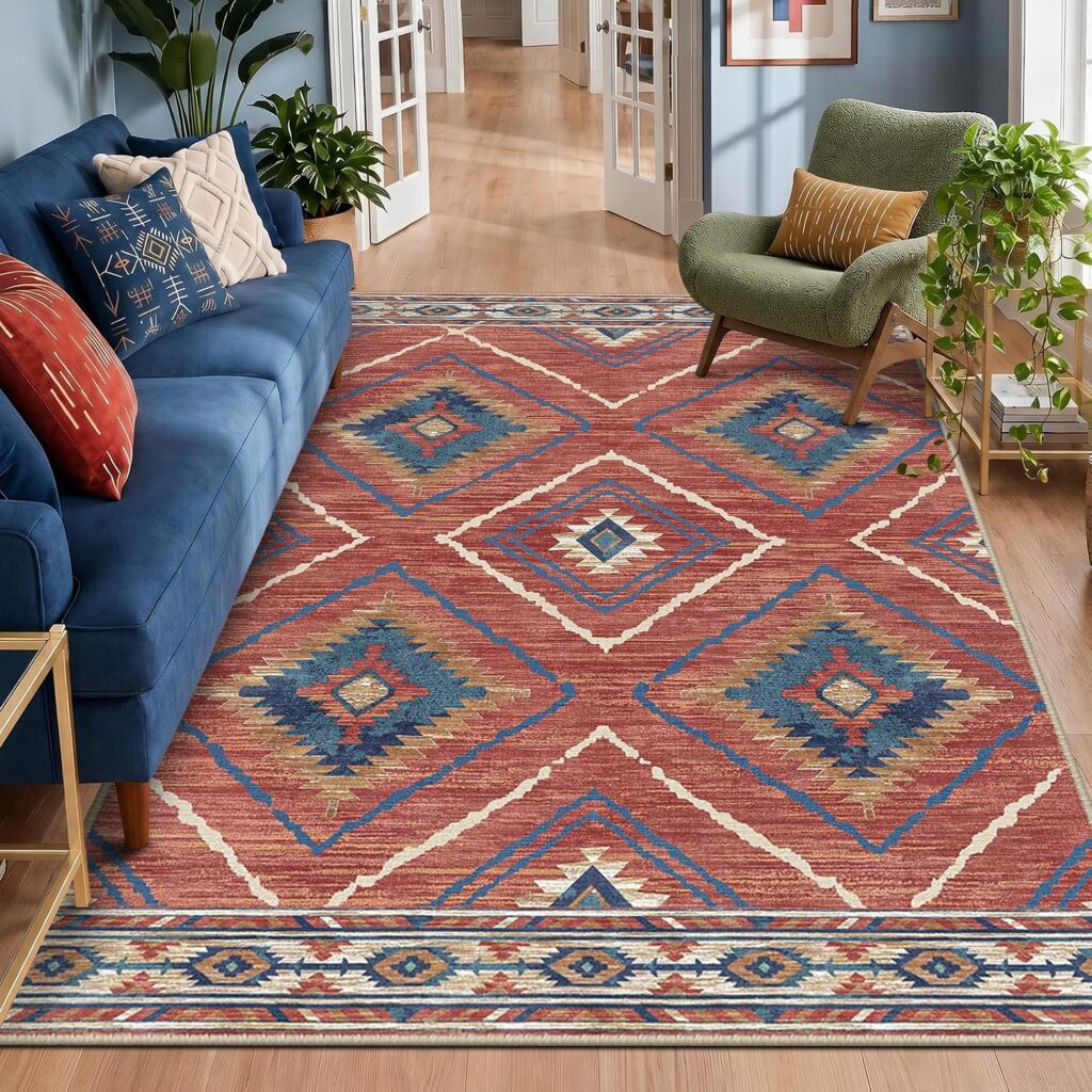 Machine-washable, non-slip, low-pile rug with a printed pattern