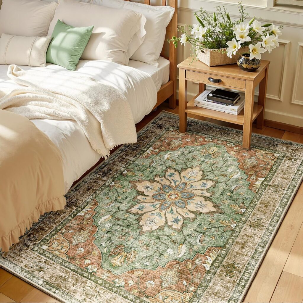 3'x5' rugs, washable, non-slip, featuring a distressed vintage floral pattern and medallion design.