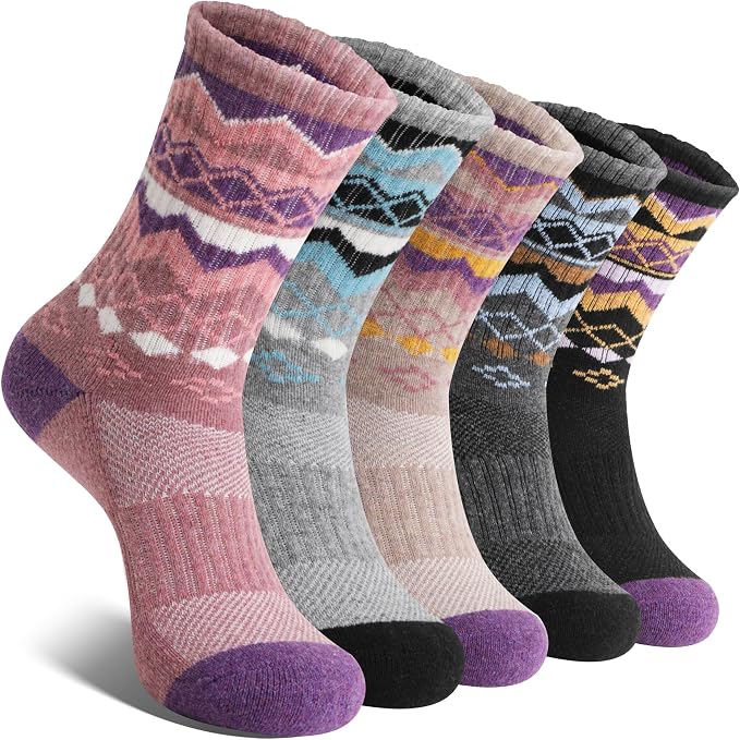 Women's Merino Wool Hiking Socks Thermal Warm Winter Crew Cushion Work Boot Outdoor Socks 5 Pairs