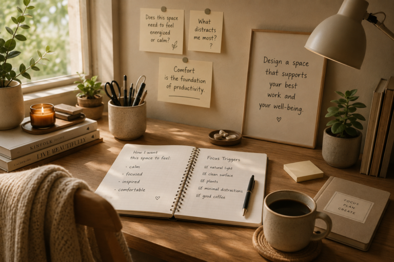 cozy home office with natural light and an organized desk