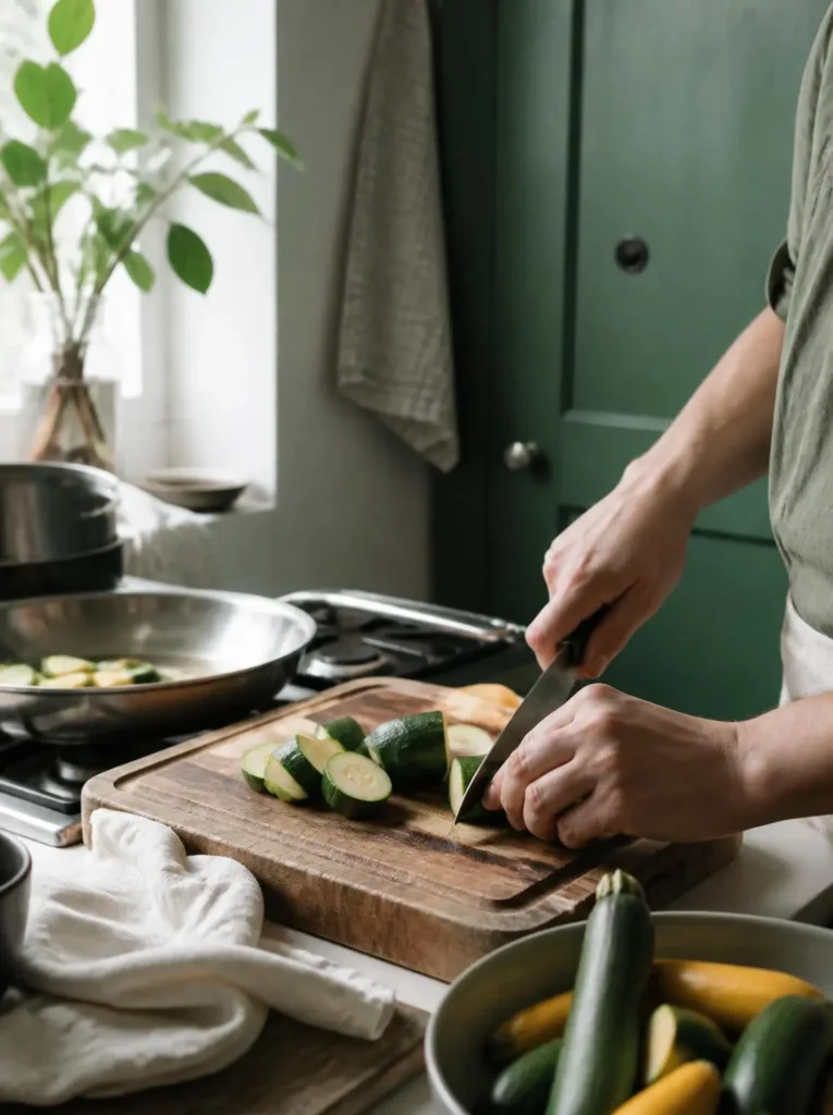 Hands preparing a simple meal slowly in a warm, lived-in kitchen
