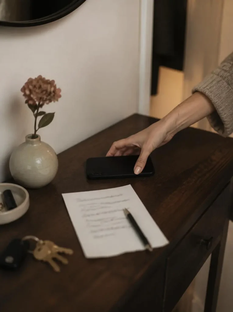 Phone placed face down beside a handwritten evening plan and simple flowers