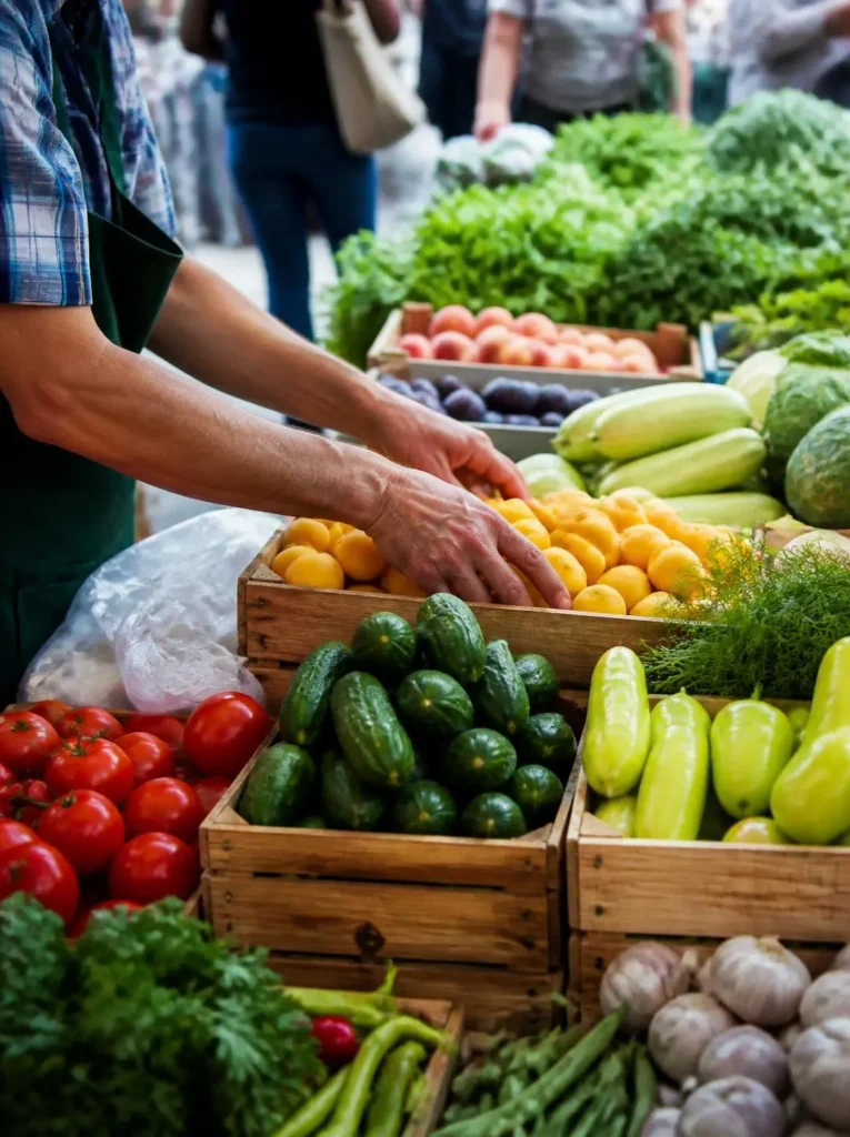 Seasonal local produce arranged at an open-air neighborhood market