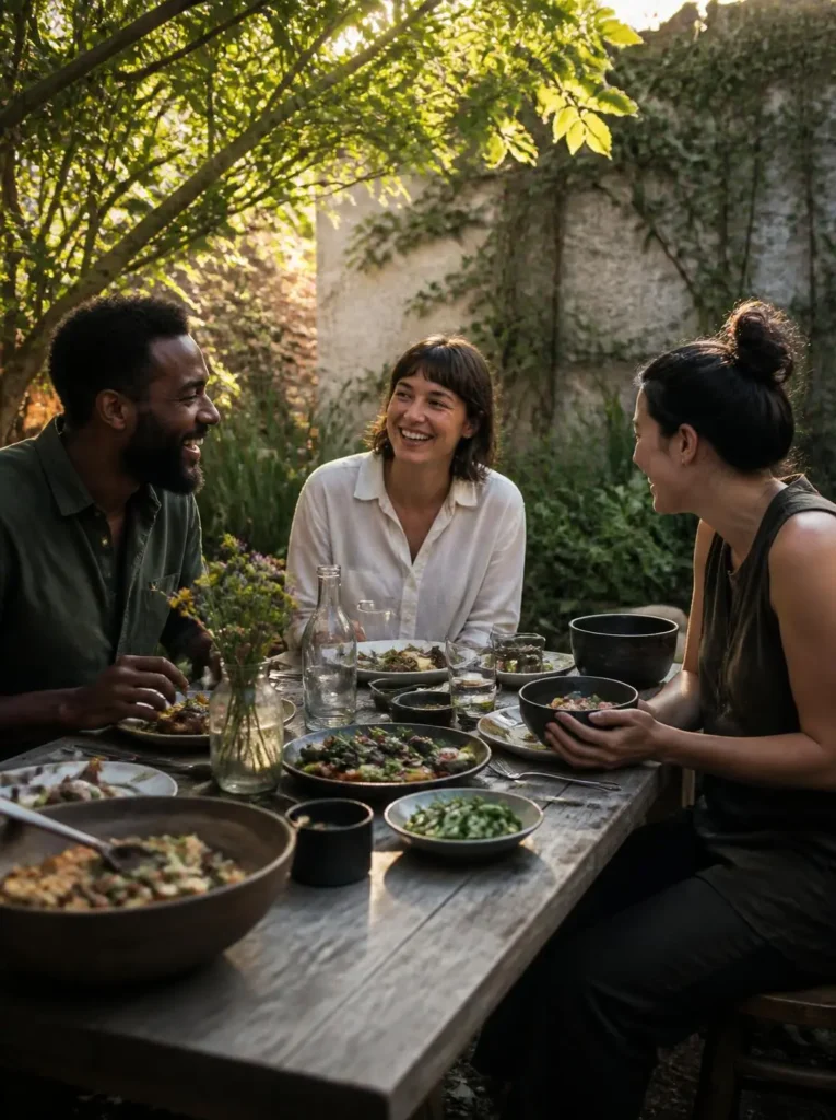 Friends sharing a simple outdoor evening meal during a warm season