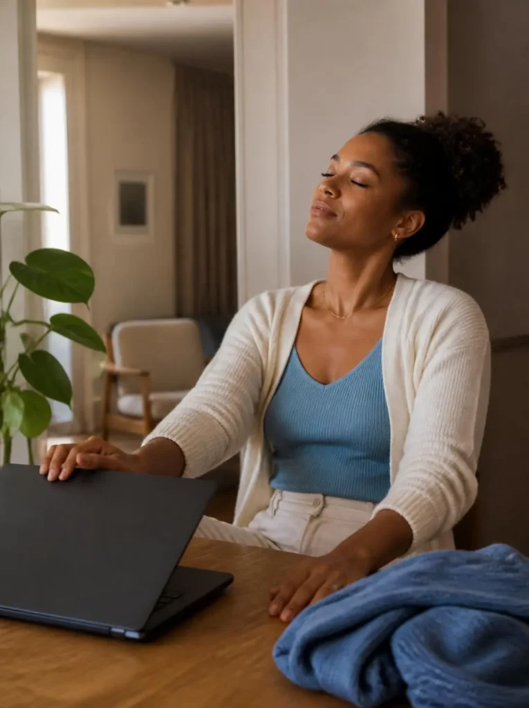 Woman closing her laptop at the end of a calm workday at home