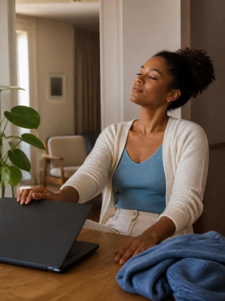 Woman closing her laptop at the end of a calm workday at home