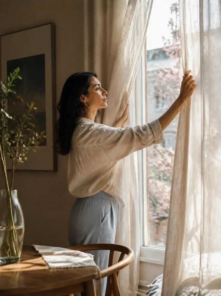 Woman opening linen curtains to changing morning light in a warm lived-in home