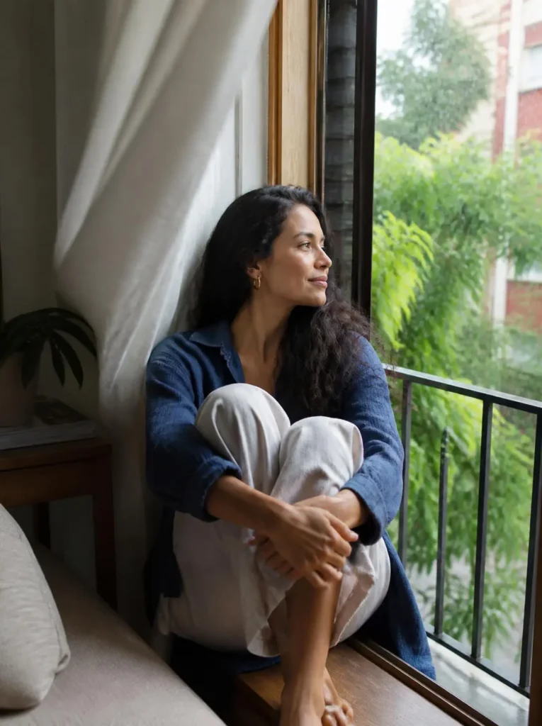 Woman sitting beside an open apartment window listening to rain in a quiet room