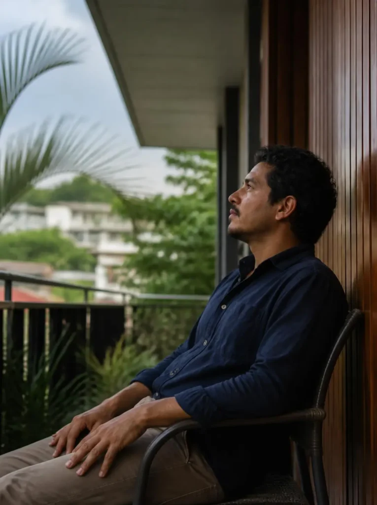 Man resting alone on a shaded balcony while listening to natural sounds