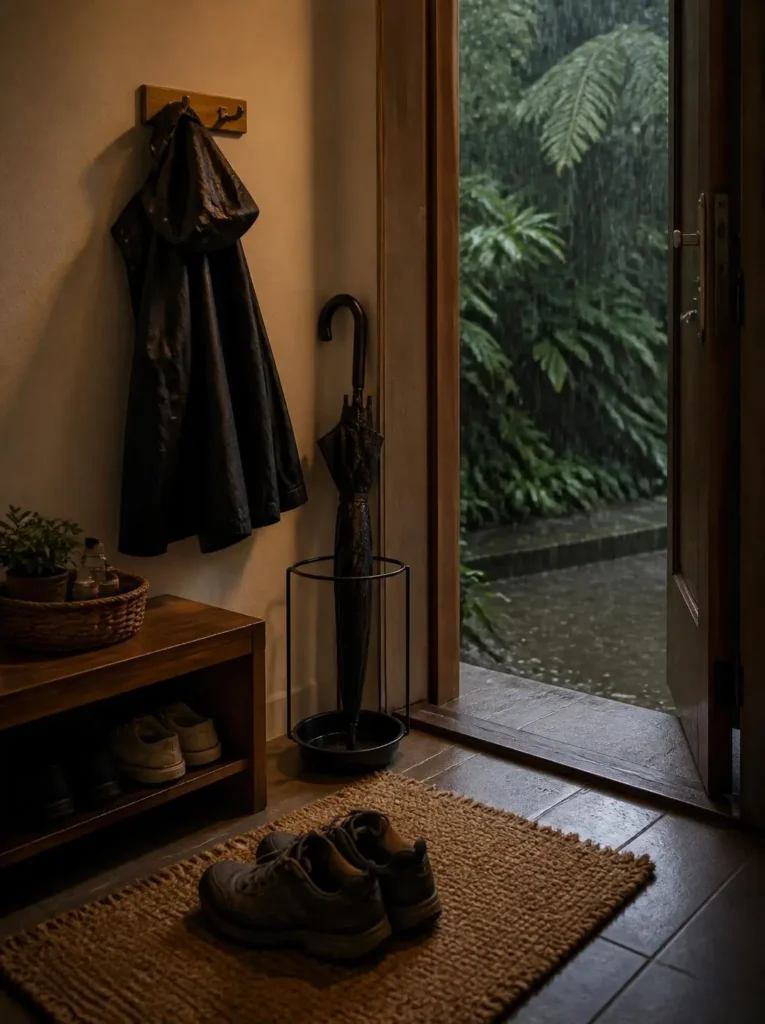 Practical entryway prepared for a rainy season with umbrella and shoes