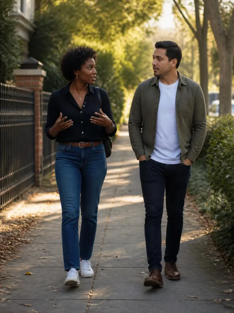 Two friends taking an unhurried neighborhood walk in late afternoon light