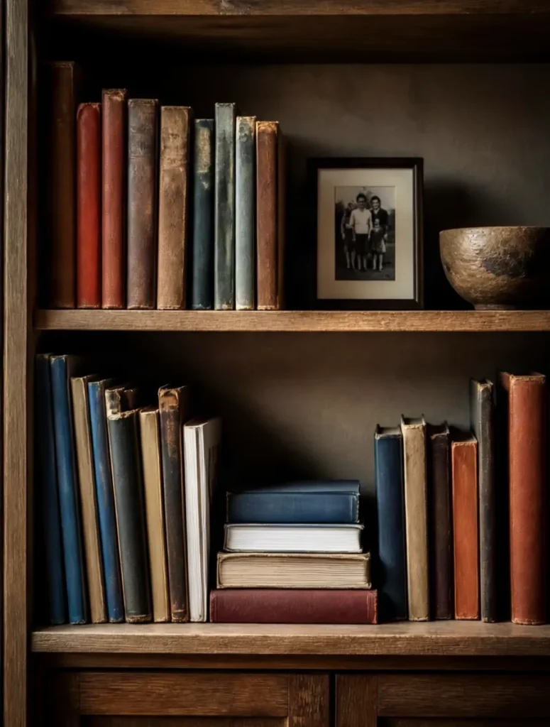 Horizontal book stack with handmade ceramic bowl on a warm wooden shelf