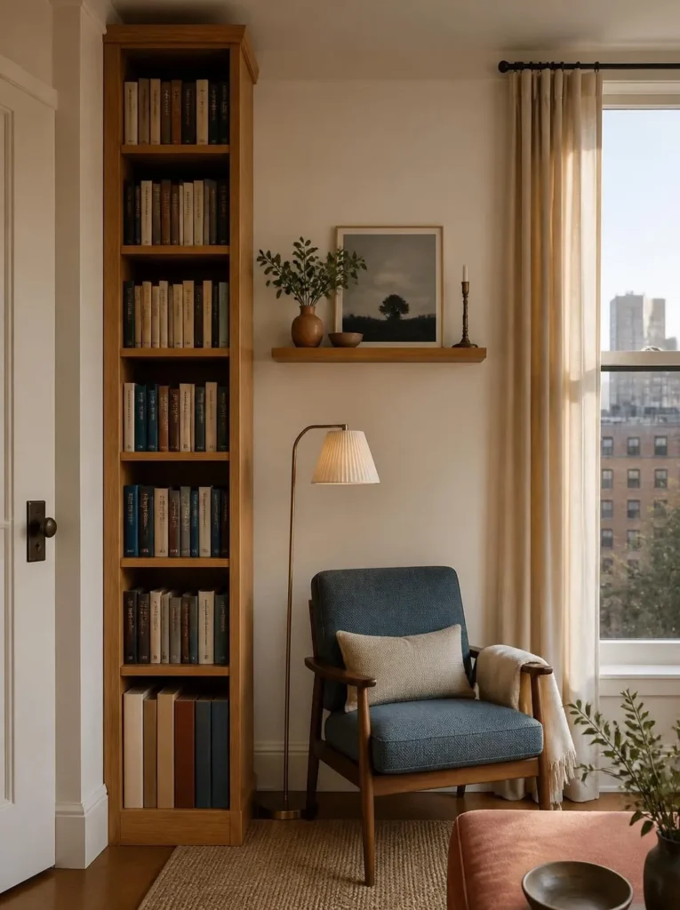 Tall narrow bookshelf adding warmth to a small apartment reading corner