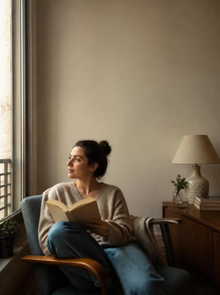 Woman returning to reading beside a bright apartment window