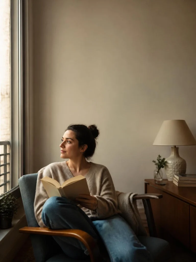Woman returning to reading beside a bright apartment window