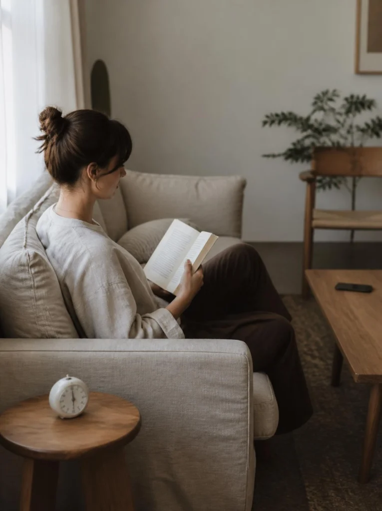 Reader placing a phone away before opening a book