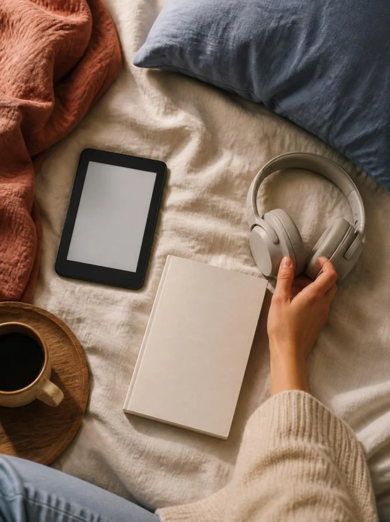 Audiobook and printed novel used together during a daily routine