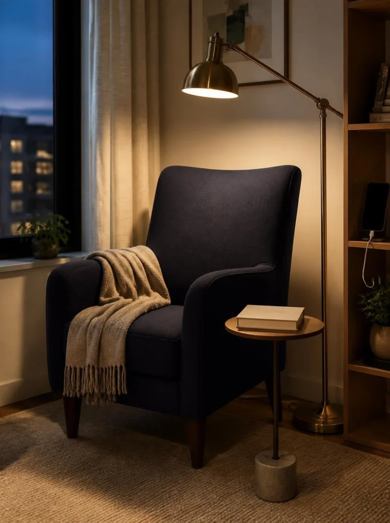 Cozy practical reading chair with warm lamp and visible book