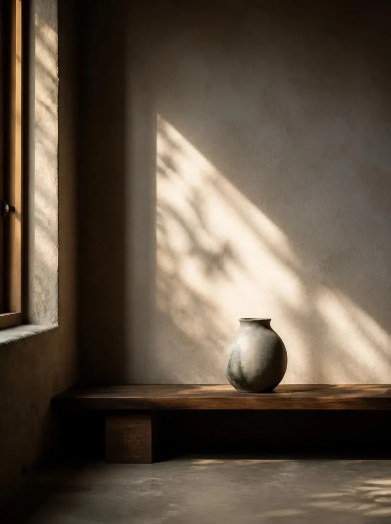 Calm wabi-sabi bedroom with naturally creased linen and warm light