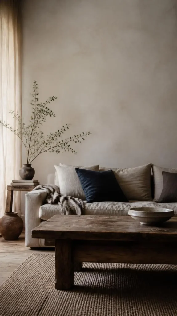 Wabi-sabi living room with aged wood, linen, and handmade ceramics